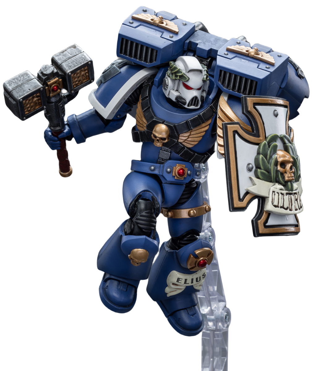 Figurine de collection JoyToy Warhammer 40K : Vétéran de l'Avant-garde Ultramarine avec marteau-tonnerre et bouclier anti-tempête, échelle 1:18 (Thunder Hammer et Storm Shield JT8032)
