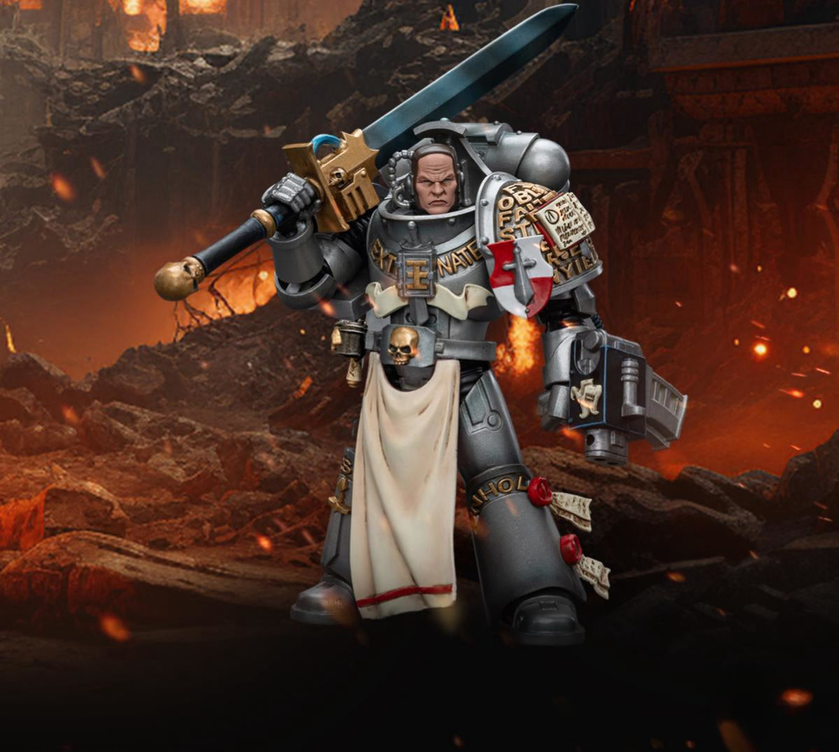 Figurine de collection JoyToy Warhammer 40K : Grey Knights Strike Squad Justicar, figurine articulée à l'échelle 1:18, JT8995