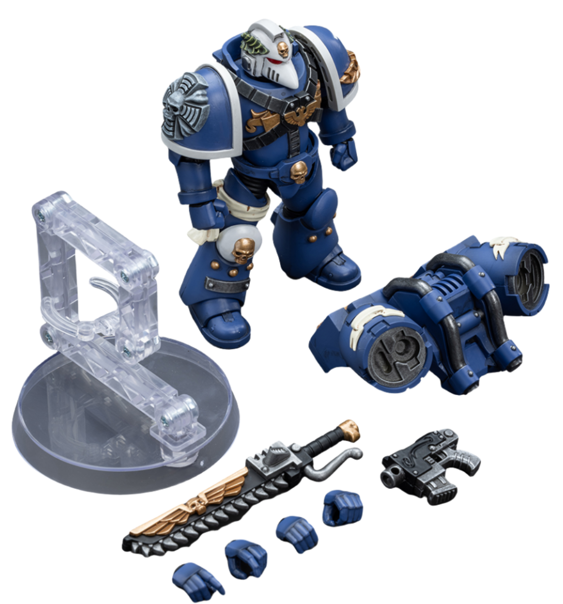 Figurine de collection JoyToy Warhammer 40K : Vétéran des Ultramarines Vanguard avec épée tronçonneuse et pistolet bolter, échelle 1:18 (épée tronçonneuse et pistolet bolter JT8025)