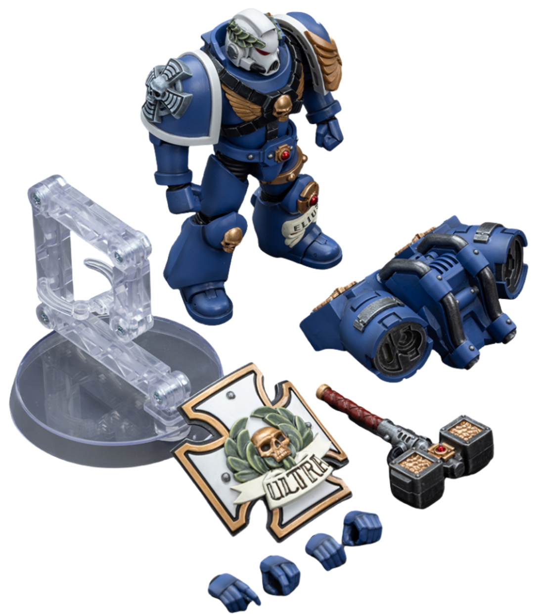 Figurine de collection JoyToy Warhammer 40K : Vétéran de l'Avant-garde Ultramarine avec marteau-tonnerre et bouclier anti-tempête, échelle 1:18 (Thunder Hammer et Storm Shield JT8032)