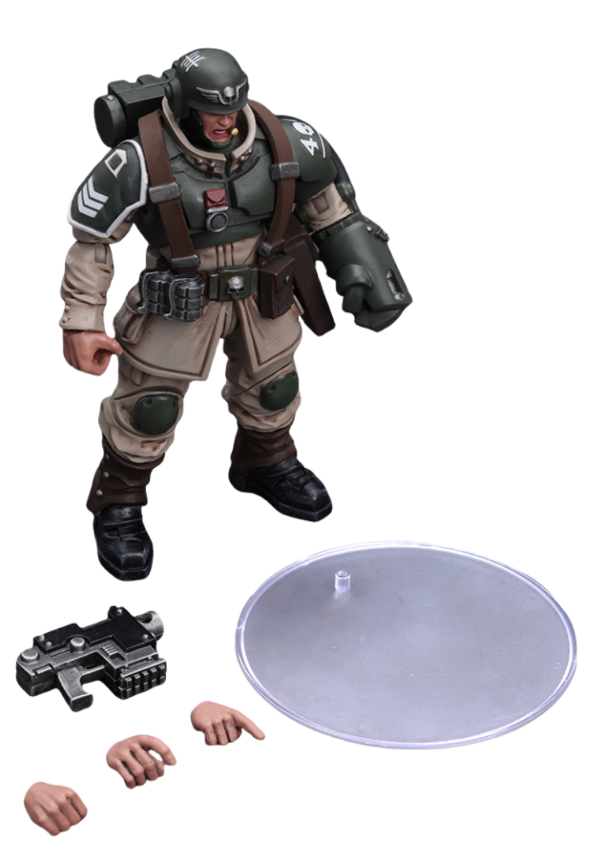 JoyToy Warhammer 40K Figurine de collection : Astra Militarum Cadian Command Squad Sergent vétéran avec Power Fist Figurines d'action à l'échelle 1/18 JT7936