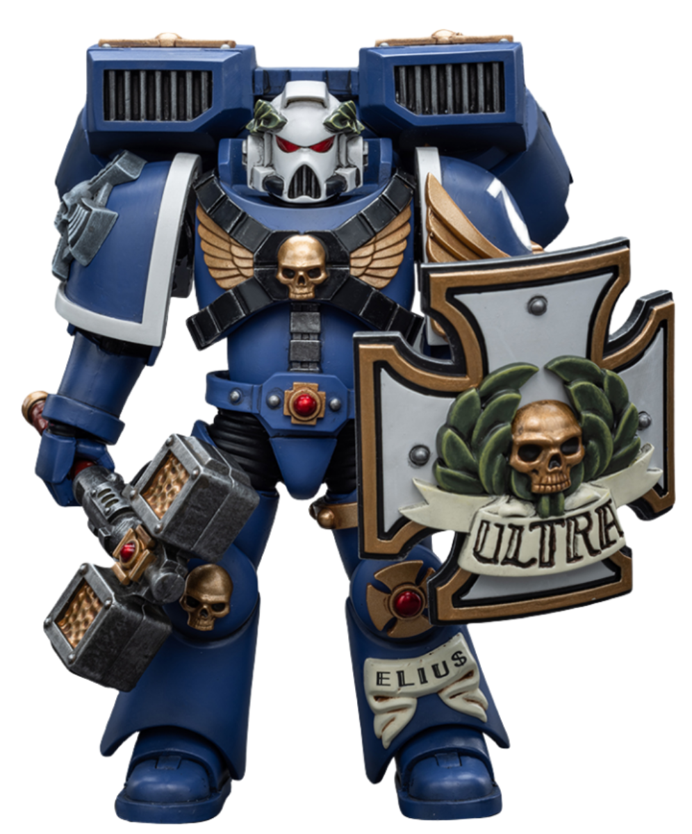 Figurine de collection JoyToy Warhammer 40K : Vétéran de l'Avant-garde Ultramarine avec marteau-tonnerre et bouclier anti-tempête, échelle 1:18 (Thunder Hammer et Storm Shield JT8032)