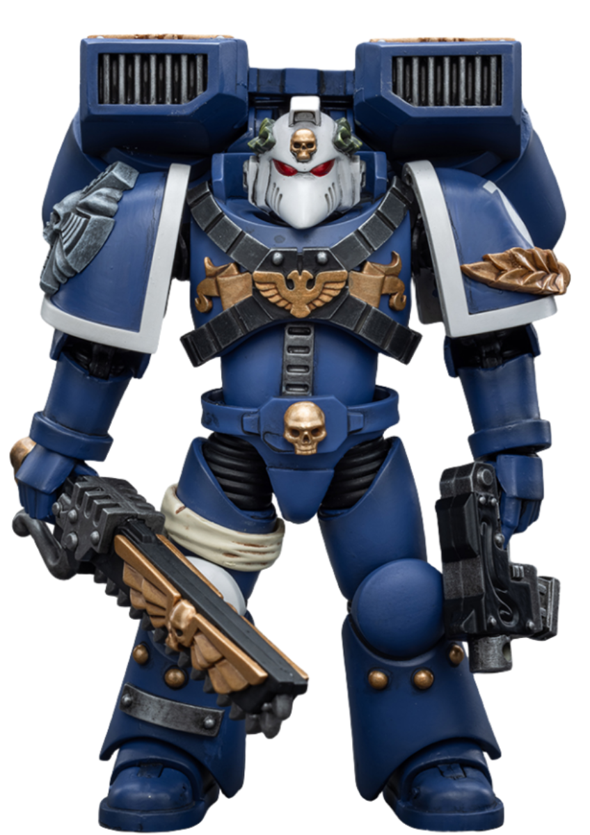 Figurine de collection JoyToy Warhammer 40K : Vétéran des Ultramarines Vanguard avec épée tronçonneuse et pistolet bolter, échelle 1:18 (épée tronçonneuse et pistolet bolter JT8025)