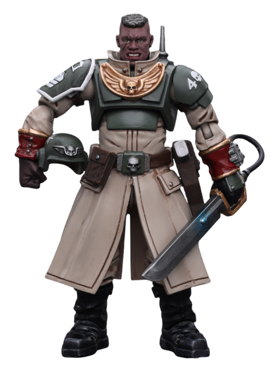 Figurine de collection JoyToy Warhammer 40K : Commandant de l'escouade de commandement Cadian Astra Militarum avec épée énergétique, figurines d'action à l'échelle 1:18 JT7905