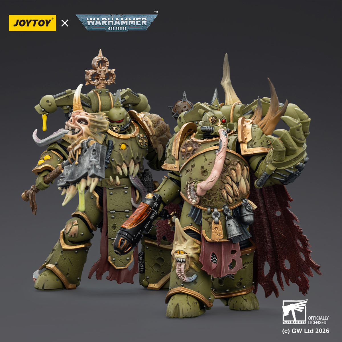 JOYTOY Warhammer 40,000 Death Guard Plague Marine with Bubotic axe and Plague Knife & Champion with Plasma Pistol and Power Fist 1/18 Scale Action Figure