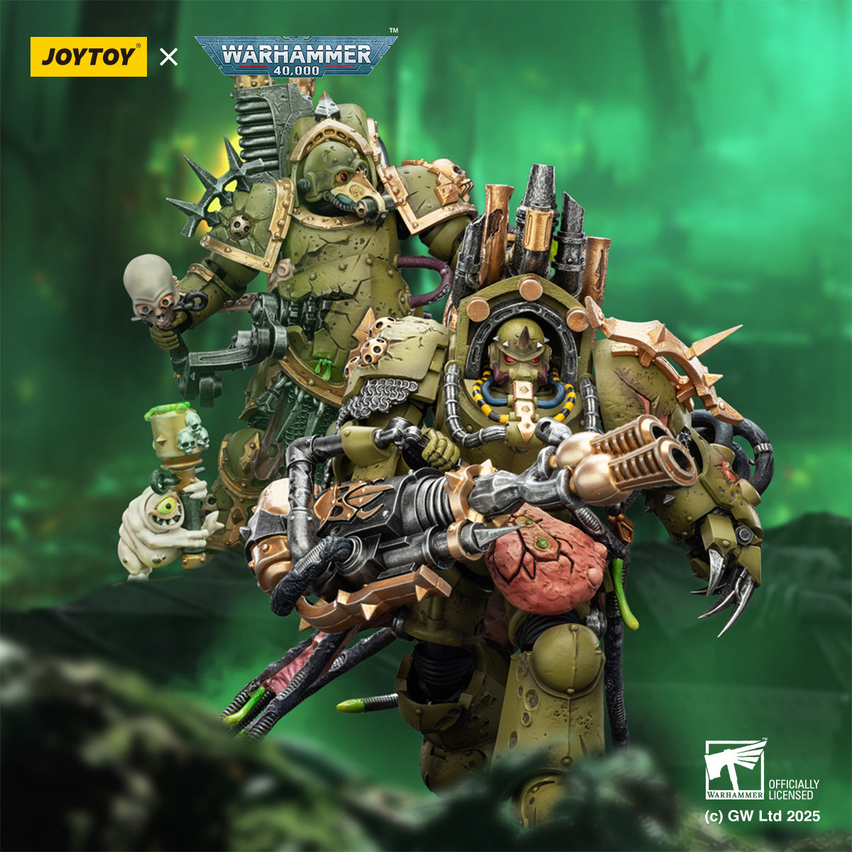 JOYTOY Warhammer Death Guard Lord of Virulence with Power Fist and Twin Plague Spewer & Foul Blightspawn with Plague Sprayer 1/18 Scale Action Figure
