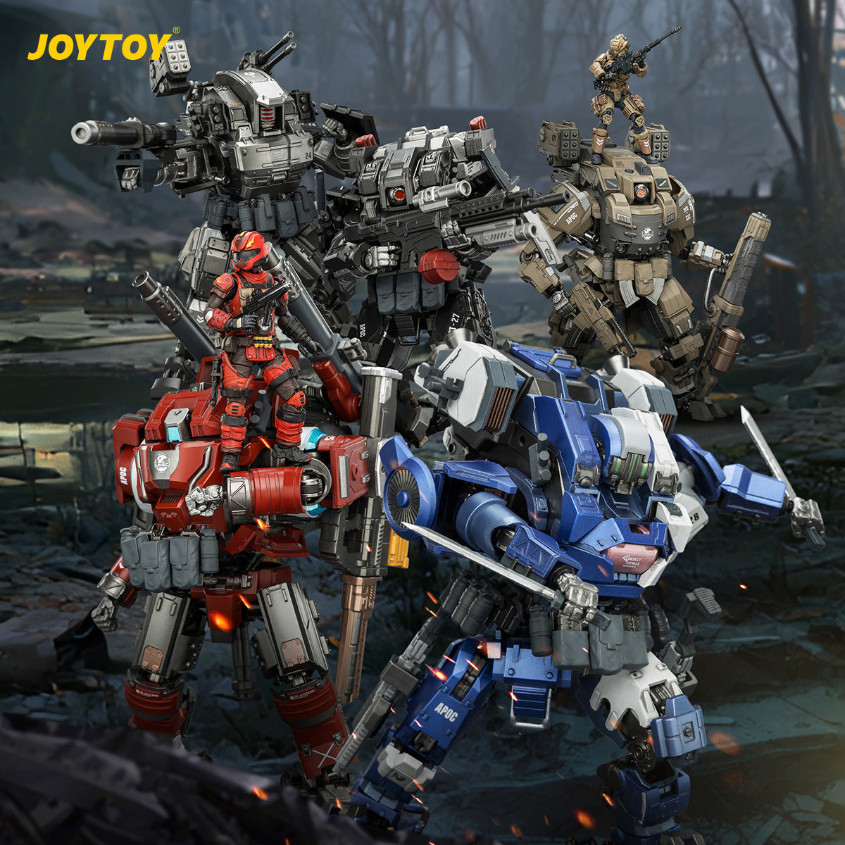 JOYTOY Dark Source APOC Series Crusher Rapid Assault Mech/Mystic Armor 02 Assault Mech/Cosmic Zenith Fire Support Mech/Iron Skybearer Heavy Fire Assault Mech/Thor 02 Assault Mech 1/25 Scale