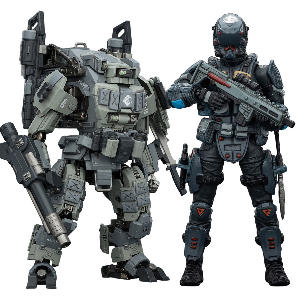 JOYTOY APOC Series Bedrock Fury Fire Strike Mech ST-8618 + UNSC Assaulter Lucas JT03448 +JT02359 1/25 Scale Action Figure