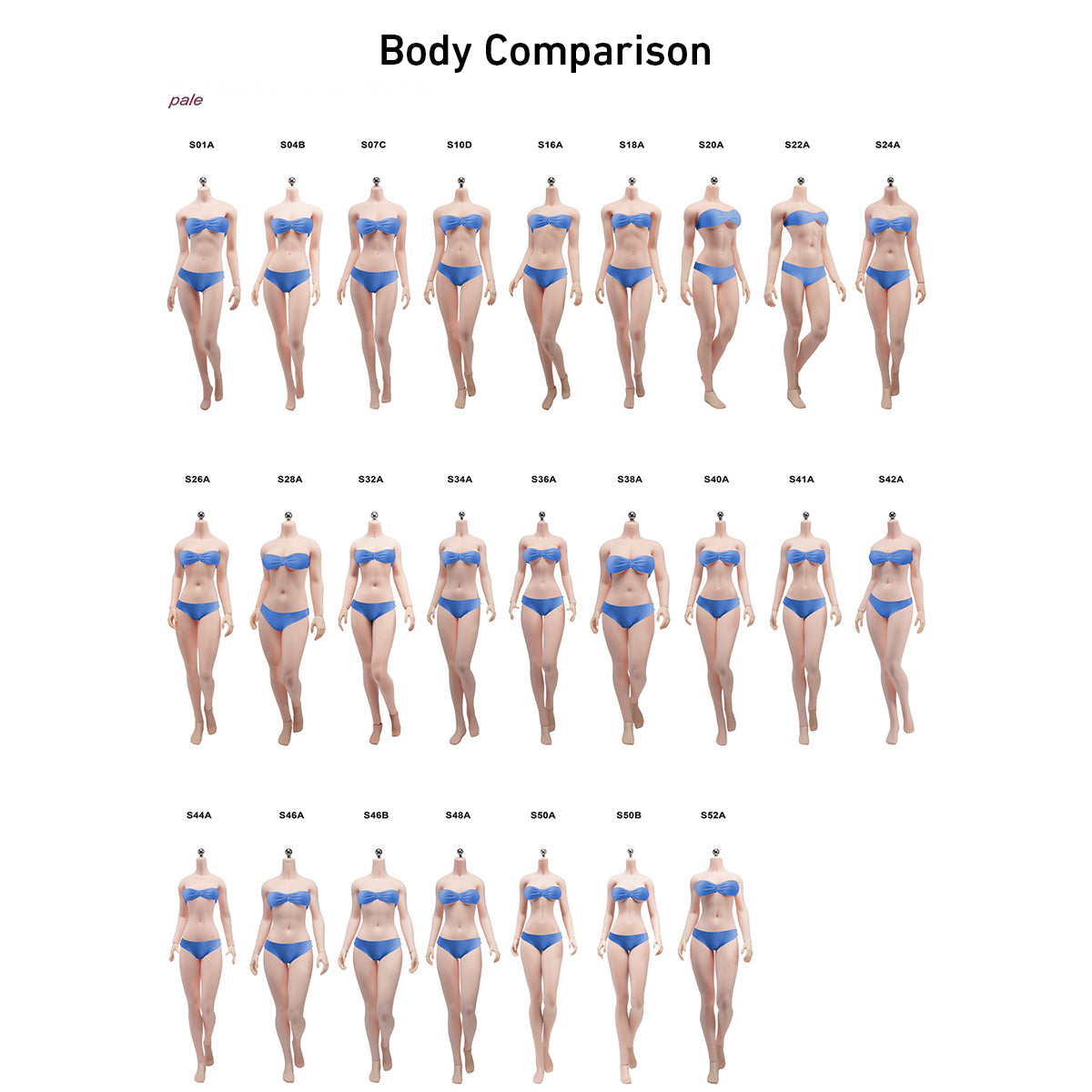 TBLeague S-Series 1/6 figure bodies — Pale skin-tone body model comparison chart