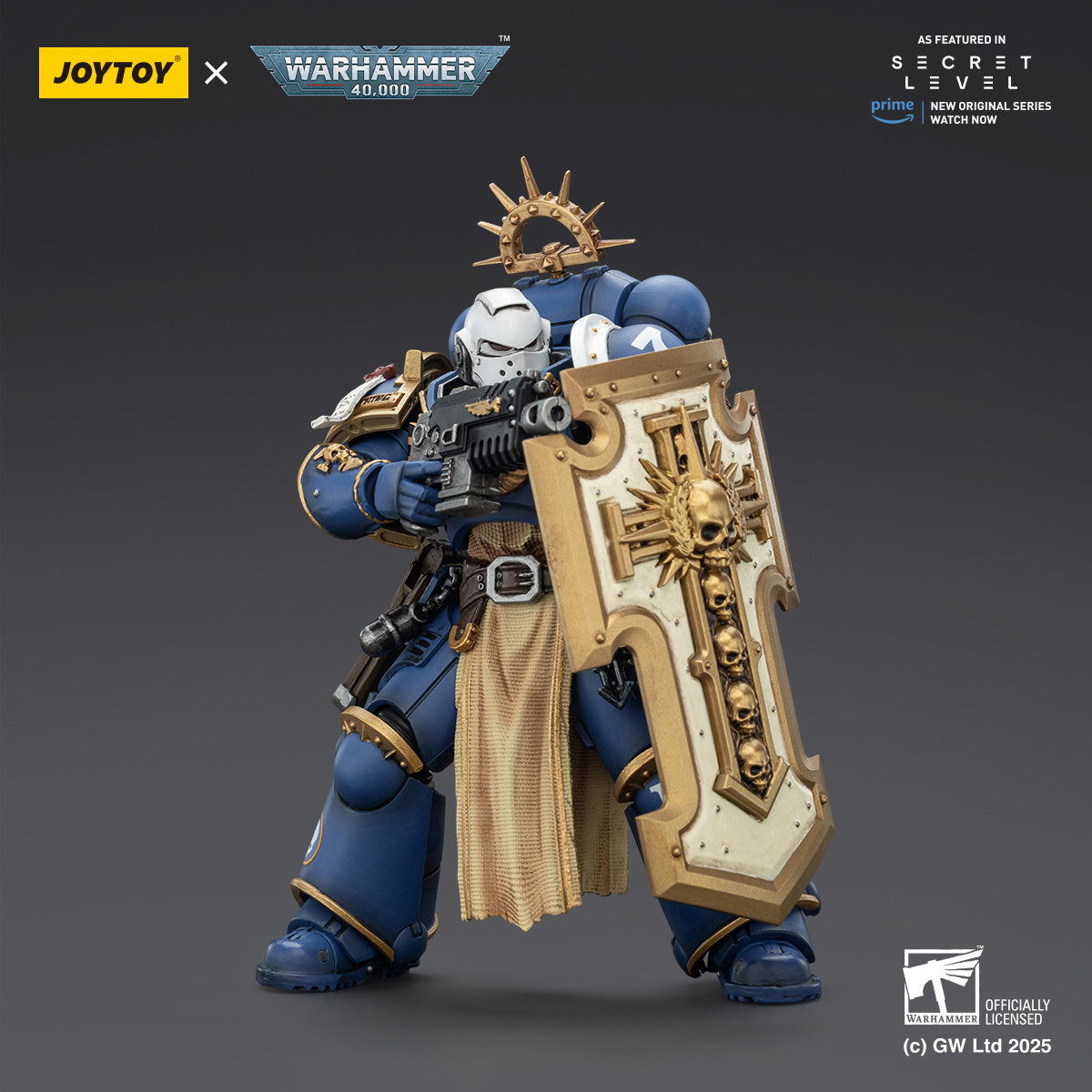 (Only Shipped to the US) JOYTOY Warhammer Ultramarines Levantus with Power Sword Stormshield and Bolt Pistol JT02793 1/18 Scale Action Figure