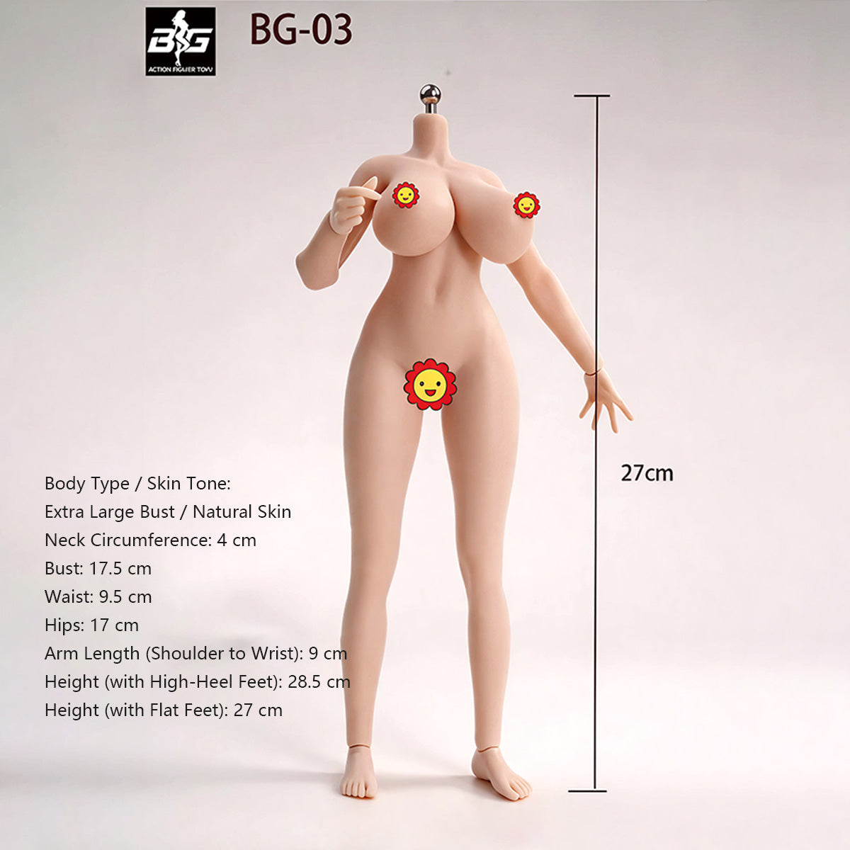 ACTION FIGURE TOYS Seamless Female Platinum Silicone with Stainless Steel Skeleton BG-01–BG-05 Medium/Large/Extra Large Bust, Multiple Skin Tones, Large Hip & Thigh Strap Options 1/6 Scale Action Figure Body