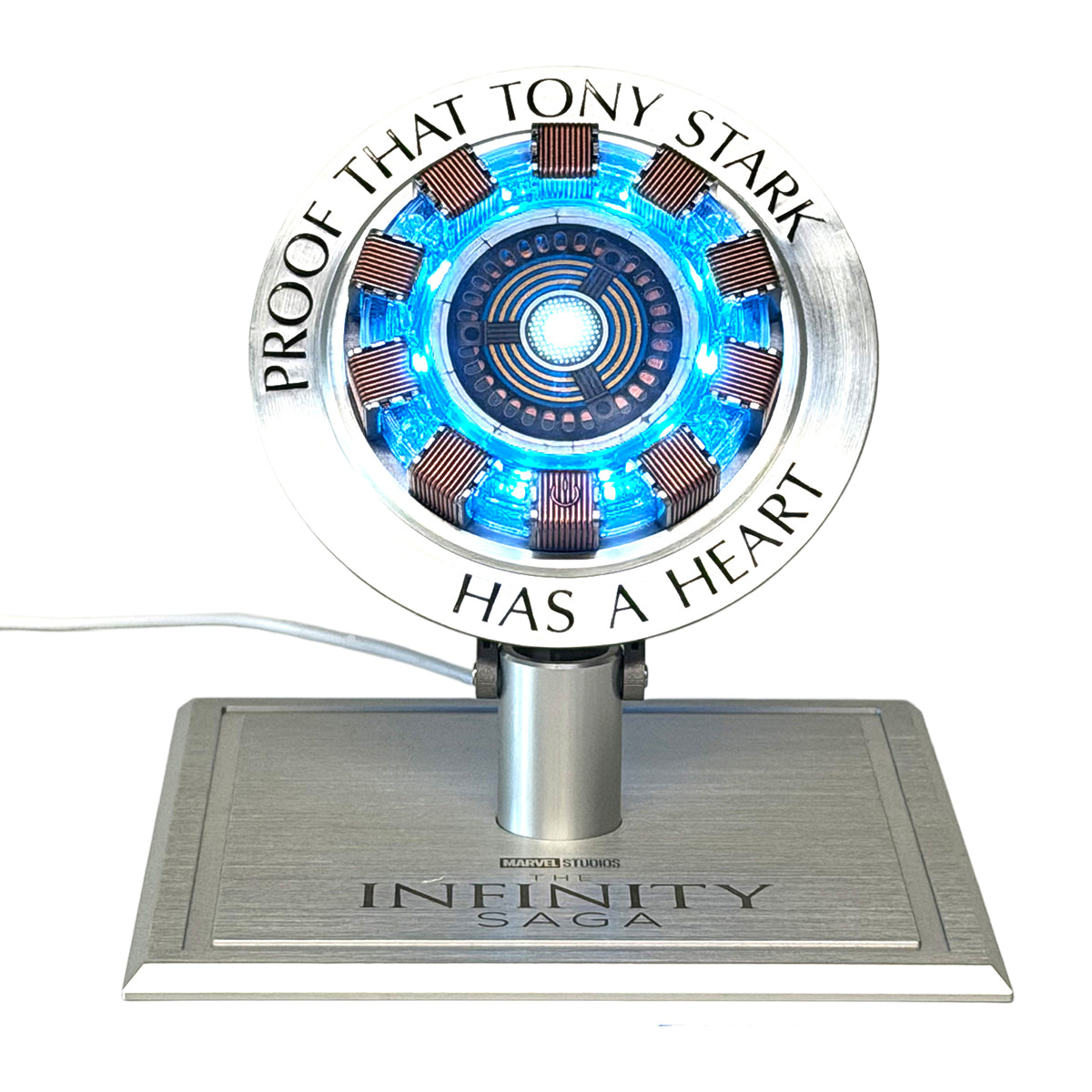 Killerbody KB20104 Iron Man Arc Reactor wireless charger — Front view of the illuminated reactor and stand