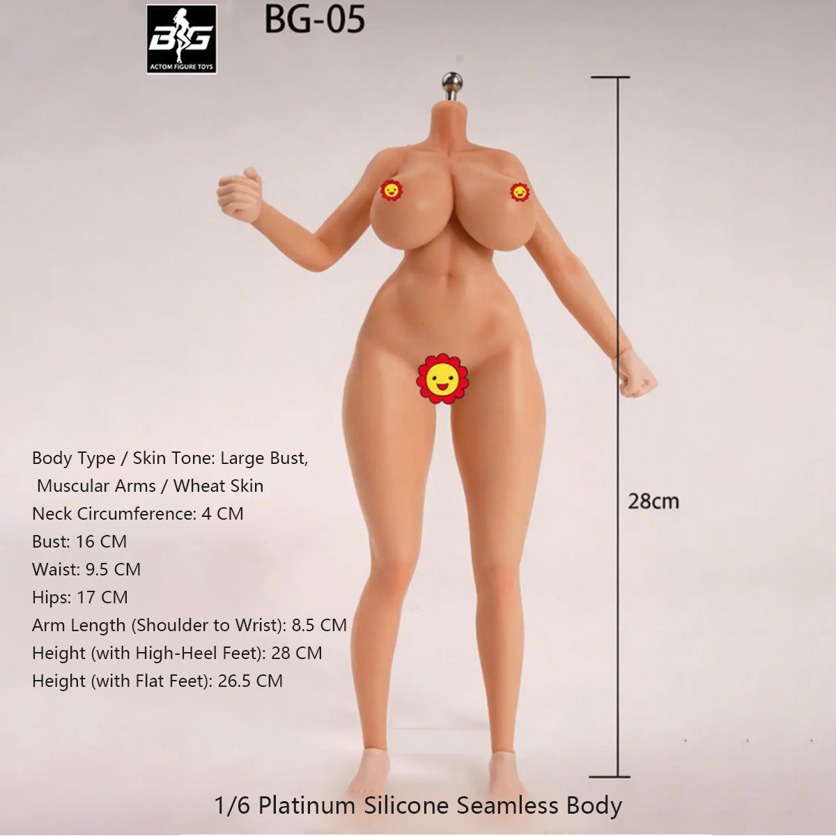 ACTION FIGURE TOYS Seamless Female Platinum Silicone with Stainless Steel Skeleton BG-01–BG-05 Medium/Large/Extra Large Bust, Multiple Skin Tones, Large Hip & Thigh Strap Options 1/6 Scale Action Figure Body