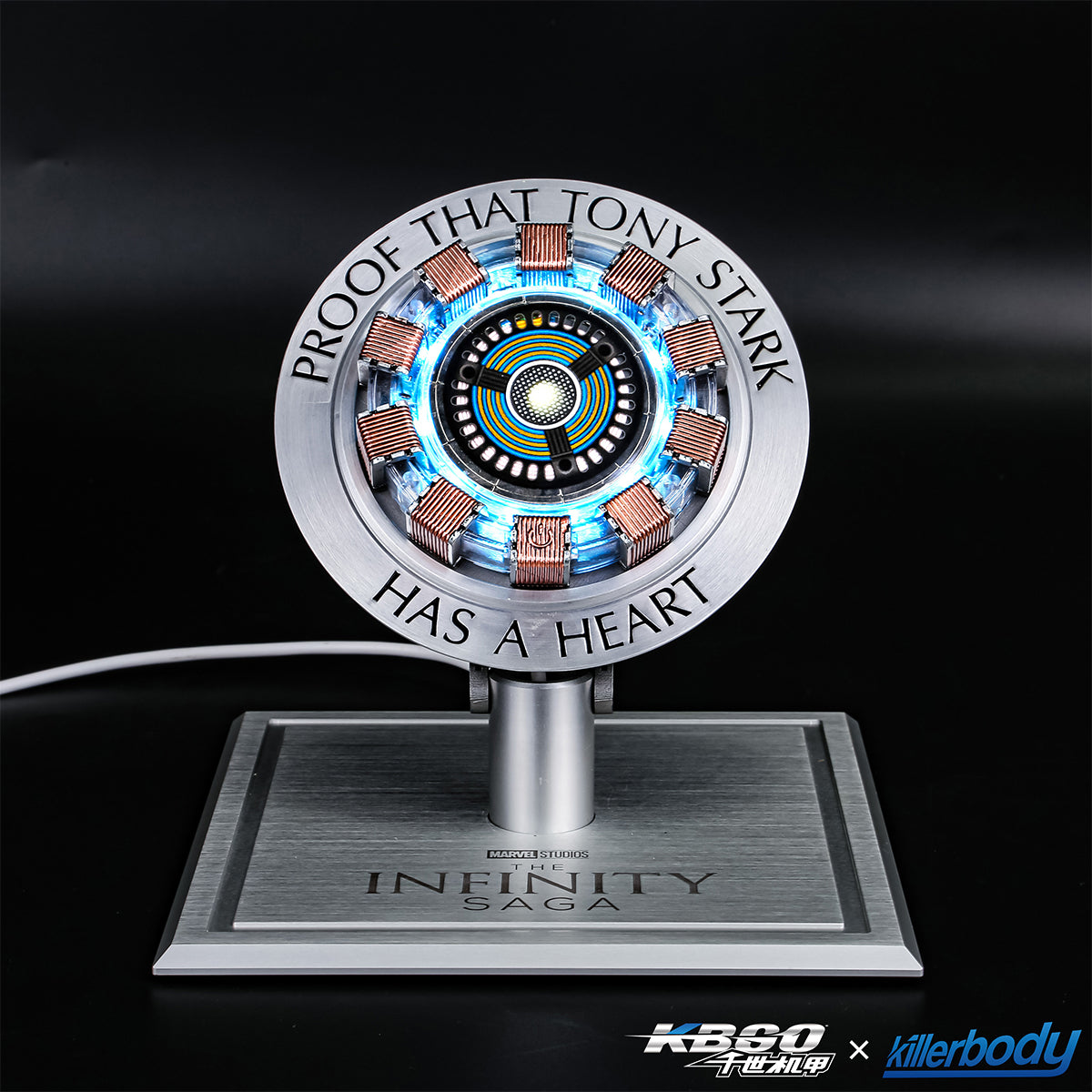 Killerbody KB20104 Iron Man Arc Reactor wireless charger — Illuminated arc reactor on its display stand