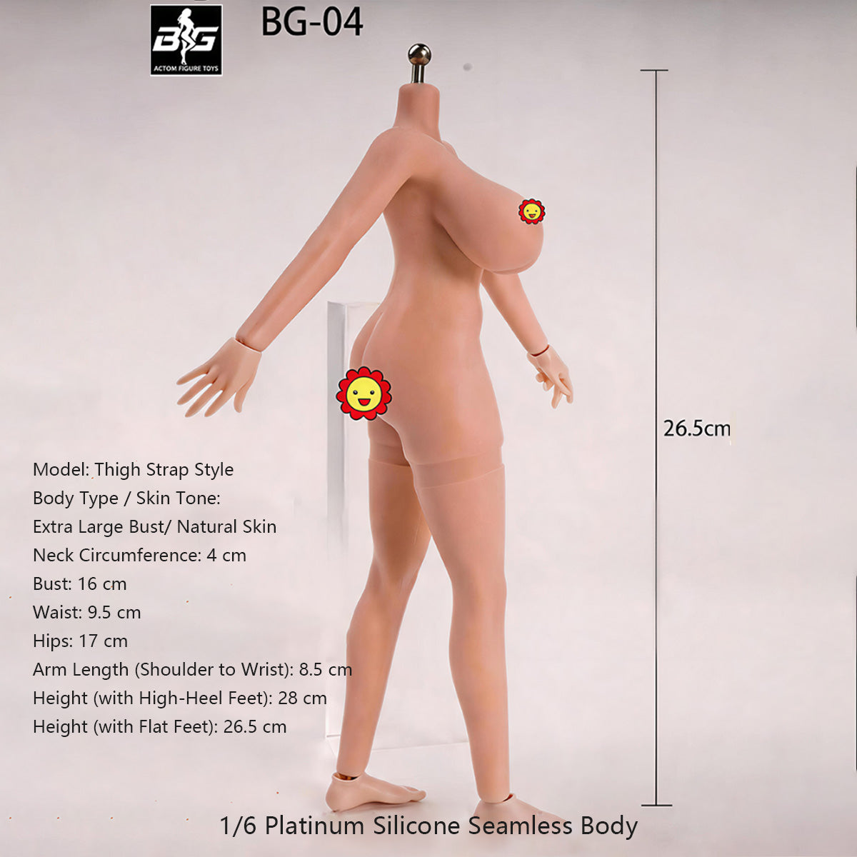 ACTION FIGURE TOYS Seamless Female Platinum Silicone with Stainless Steel Skeleton BG-01–BG-05 Medium/Large/Extra Large Bust, Multiple Skin Tones, Large Hip & Thigh Strap Options 1/6 Scale Action Figure Body