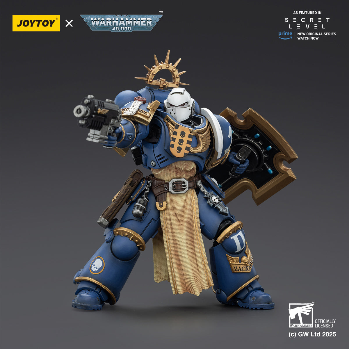 (Only Shipped to the US) JOYTOY Warhammer Ultramarines Levantus with Power Sword Stormshield and Bolt Pistol JT02793 1/18 Scale Action Figure