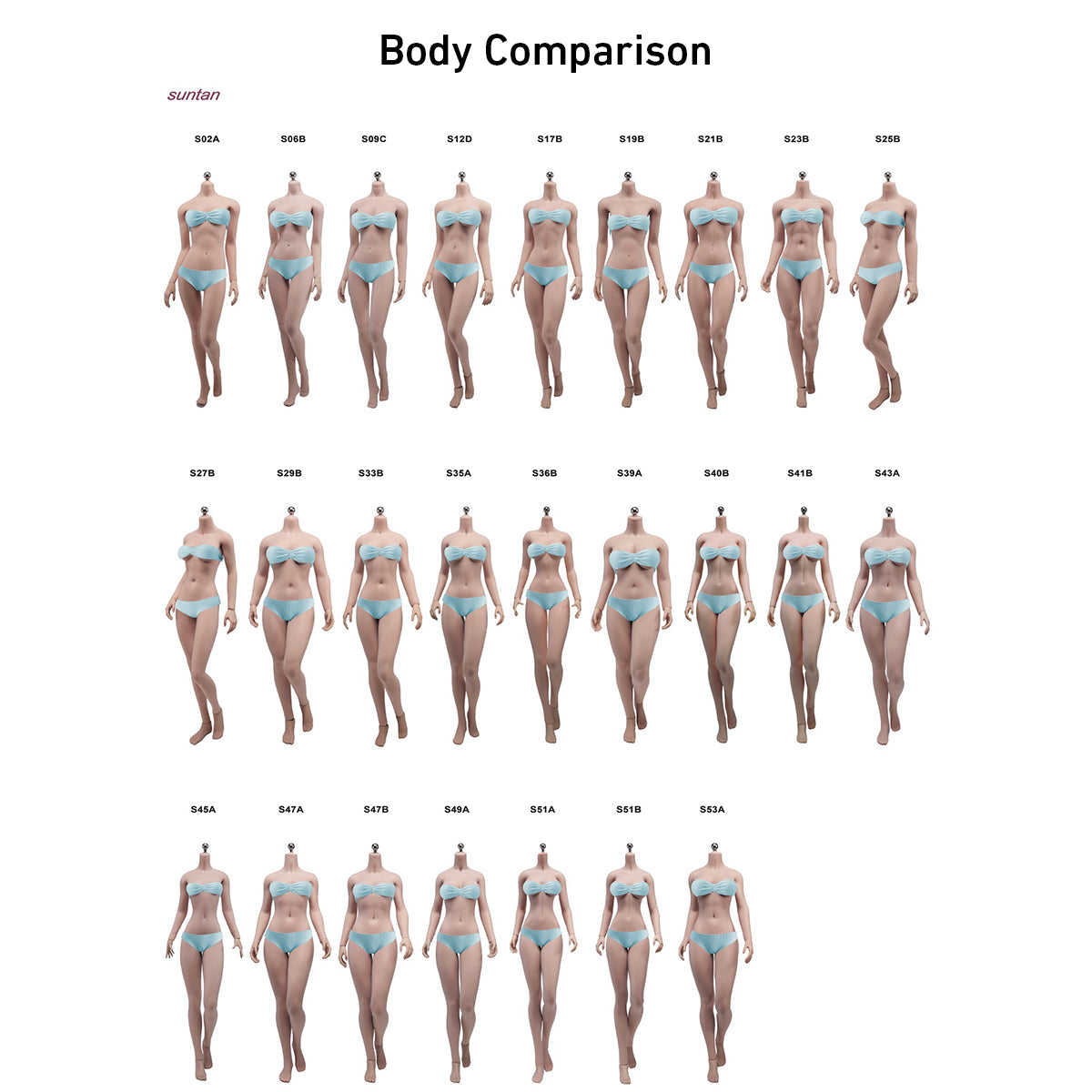 TBLeague S-Series 1/6 figure bodies — Alternate pale skin-tone body comparison chart