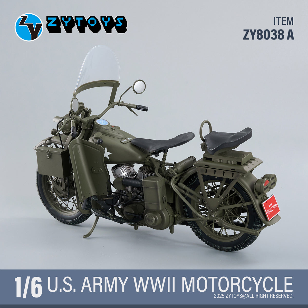ZYTOYS 1/6 Scale ZY8038A WWII US Army Motorcycle Vehicle Model & Shoul