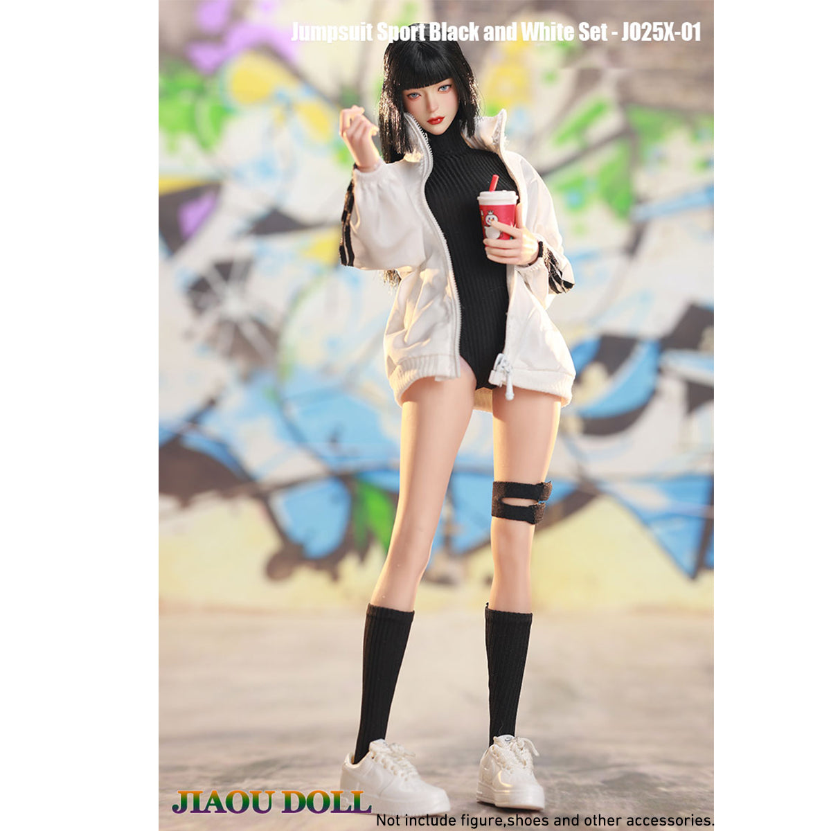 JIAOUDOLL, Female Knee Pads + Bodysuit + Mid-Calf Socks & Female Sportswear Single Jacket & Female Sports Jumpsuit Set Jacket with Jumpsuit, Doll Clothes Accessory for 12-inches Figure