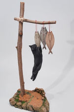 JXK Collectible Cat Figure: Cats That eat Fish 2.0, Expertly Hand-Painted, Lifelike, Safe Resin, 1:6 Scale Miniature Animal Figurine