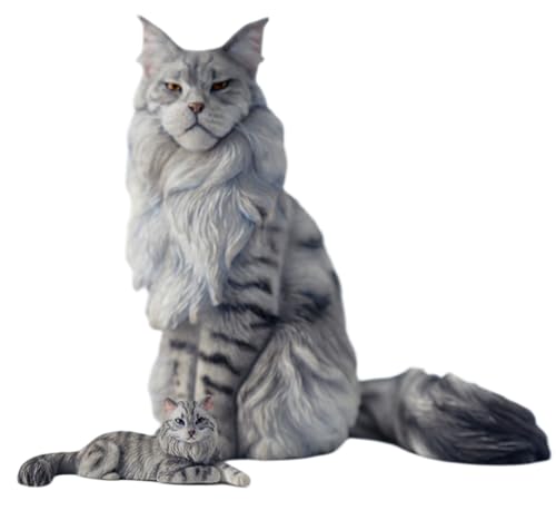 HiPlay JXK Collectible Cat Figure: Mini Maine Coon, Expertly Hand-Painted, Lifelike, Safe Resin, Miniature Animal Figurine