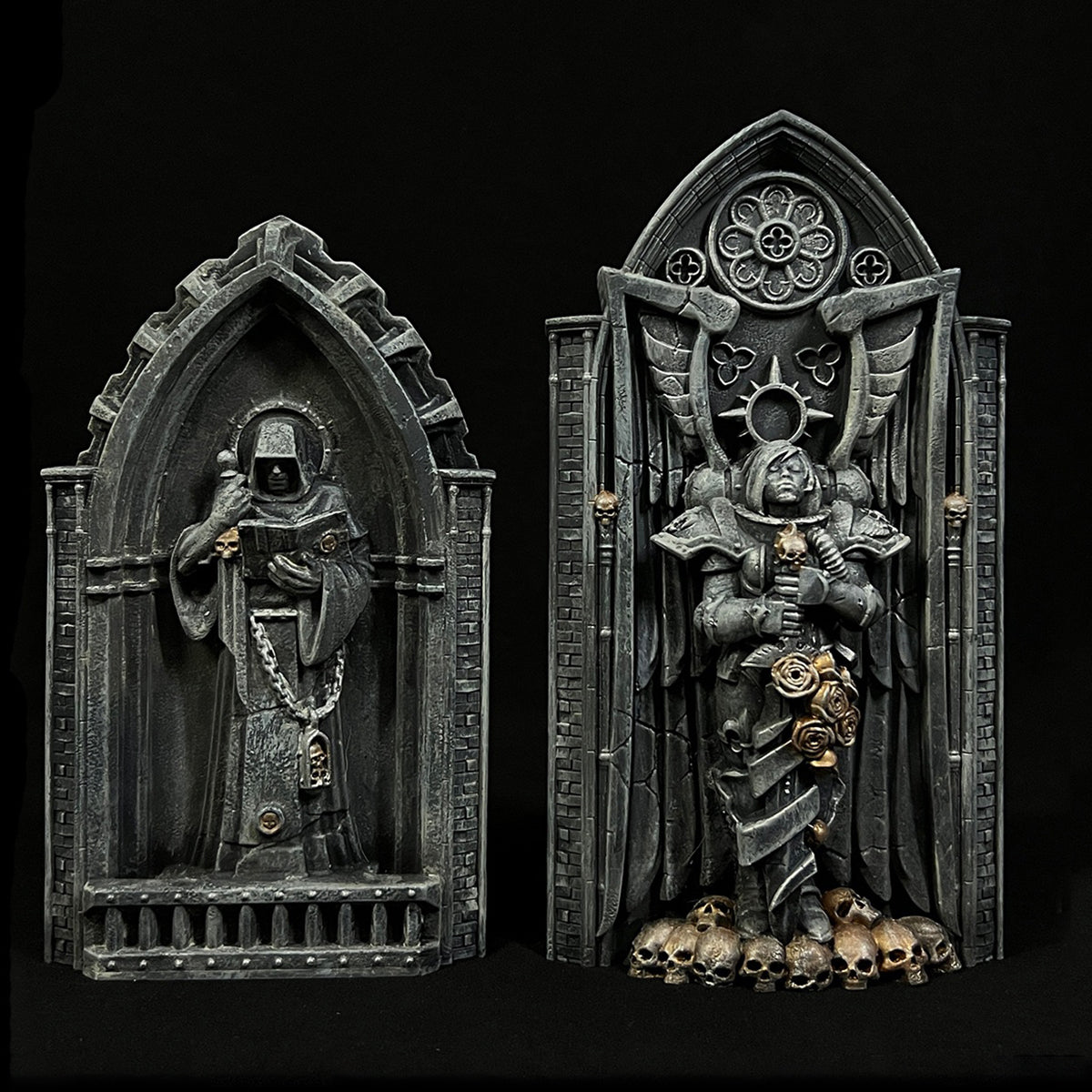 Xinglan Workshop 1/12 diorama base — Close-up of two sculpted gothic wall panels