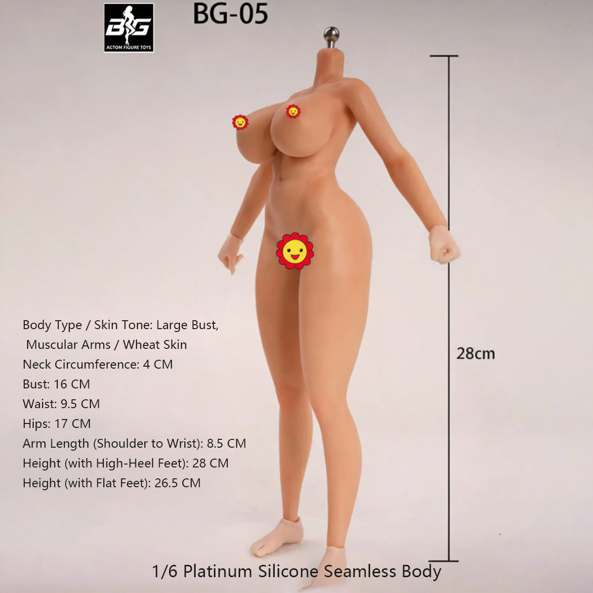 ACTION FIGURE TOYS Seamless Female Platinum Silicone with Stainless Steel Skeleton BG-01–BG-05 Medium/Large/Extra Large Bust, Multiple Skin Tones, Large Hip & Thigh Strap Options 1/6 Scale Action Figure Body