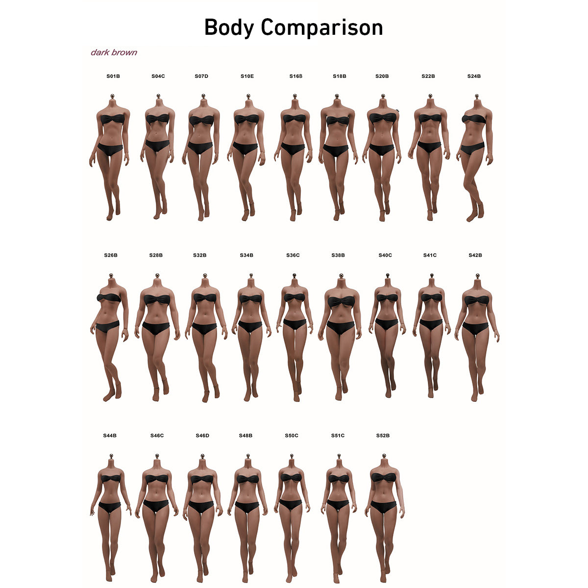 TBLeague S-Series 1/6 figure bodies — Tan skin-tone body model comparison chart