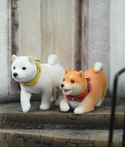 HiPlay JXK Small Collectible Dog Figure: Flocking Shiba Inu, 1:12 Scale Miniature Animal Figurine