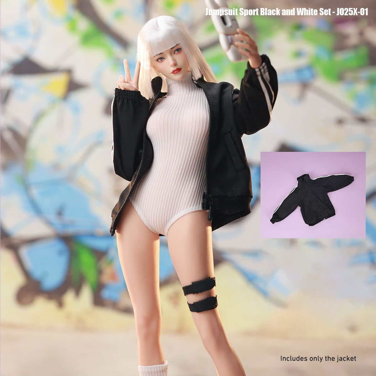 JIAOUDOLL, Female Knee Pads + Bodysuit + Mid-Calf Socks & Female Sportswear Single Jacket & Female Sports Jumpsuit Set Jacket with Jumpsuit, Doll Clothes Accessory for 12-inches Figure