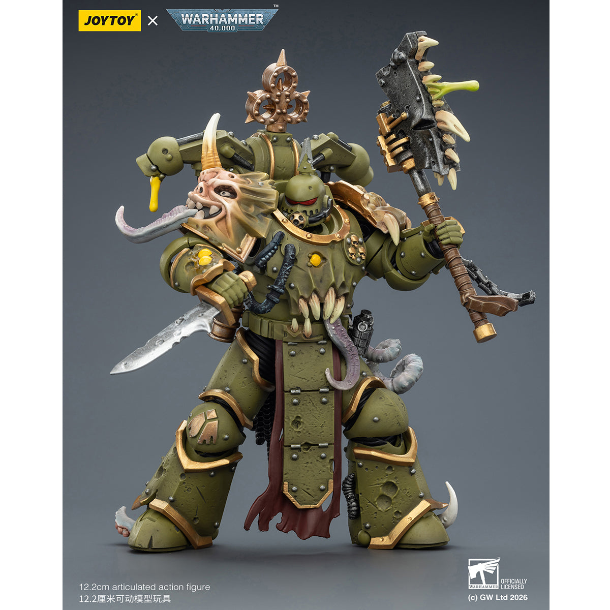JOYTOY Warhammer 40,000 Death Guard Plague Marine with Bubotic axe and Plague Knife & Champion with Plasma Pistol and Power Fist 1/18 Scale Action Figure
