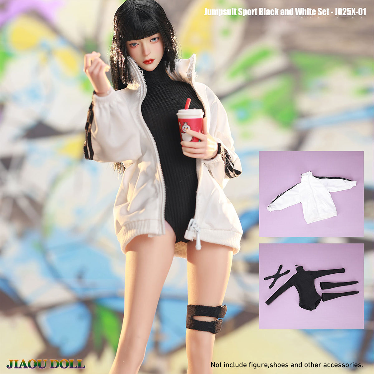 JIAOUDOLL, Female Knee Pads + Bodysuit + Mid-Calf Socks & Female Sportswear Single Jacket & Female Sports Jumpsuit Set Jacket with Jumpsuit, Doll Clothes Accessory for 12-inches Figure