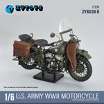 ZYTOYS ZY8038 1/6 motorcycle and bag options — ZY8038B bags mounted on a demonstration motorcycle, motorcycle not included with the bag option