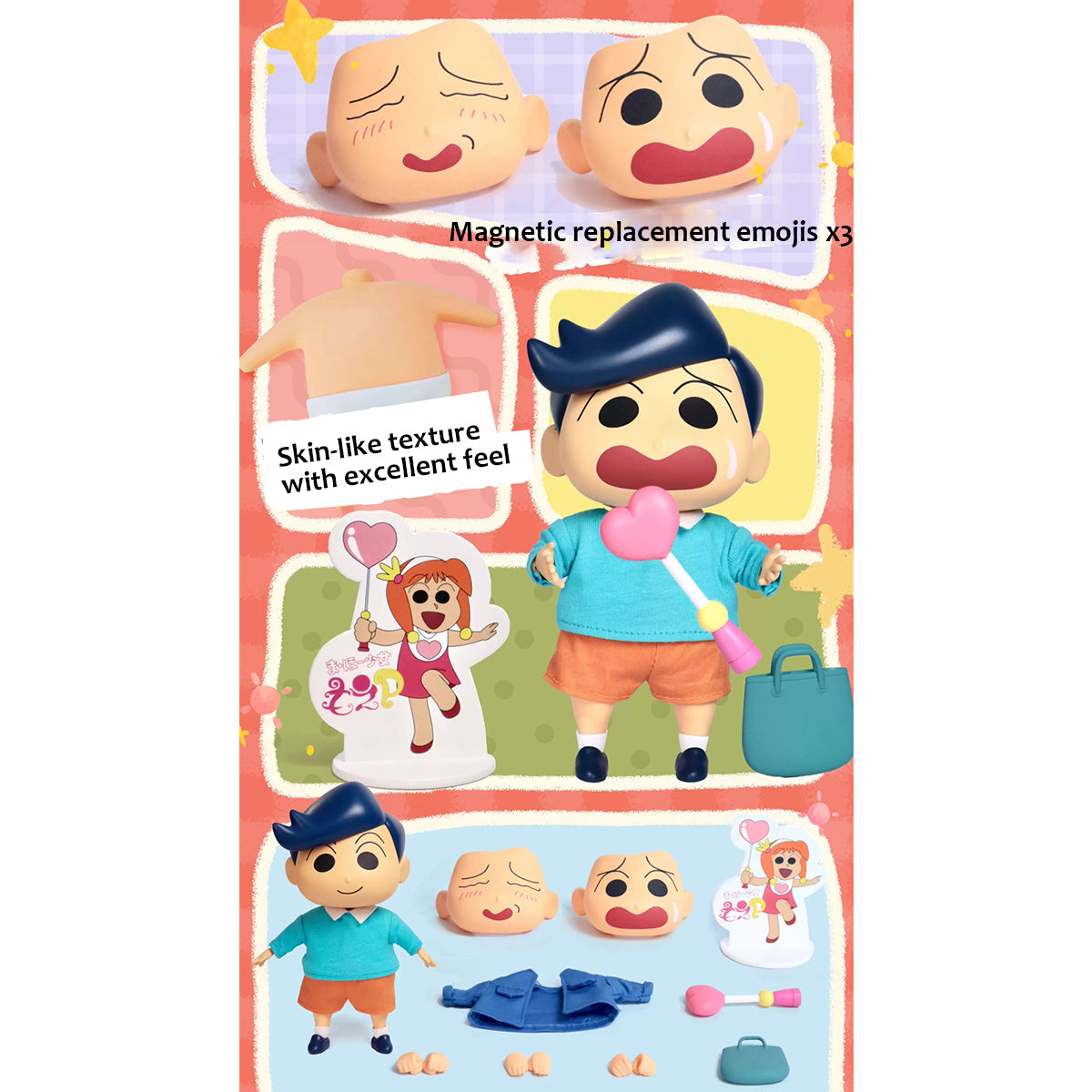 IO CREATIONS Crayon Shin-chan QQ Bouncy Series, Touru Kazama & Nohara Shinnosuke, Movable Soft Vinyl Dress-Up Action Figures