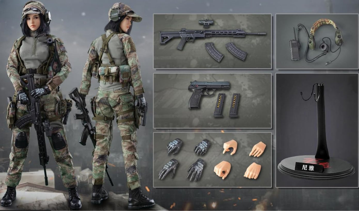 Figura coleccionable femenina FLAGSET: Tiradora de precisión, Niya, estilo militar y diseño de globo ocular móvil, miniatura a escala 1:6