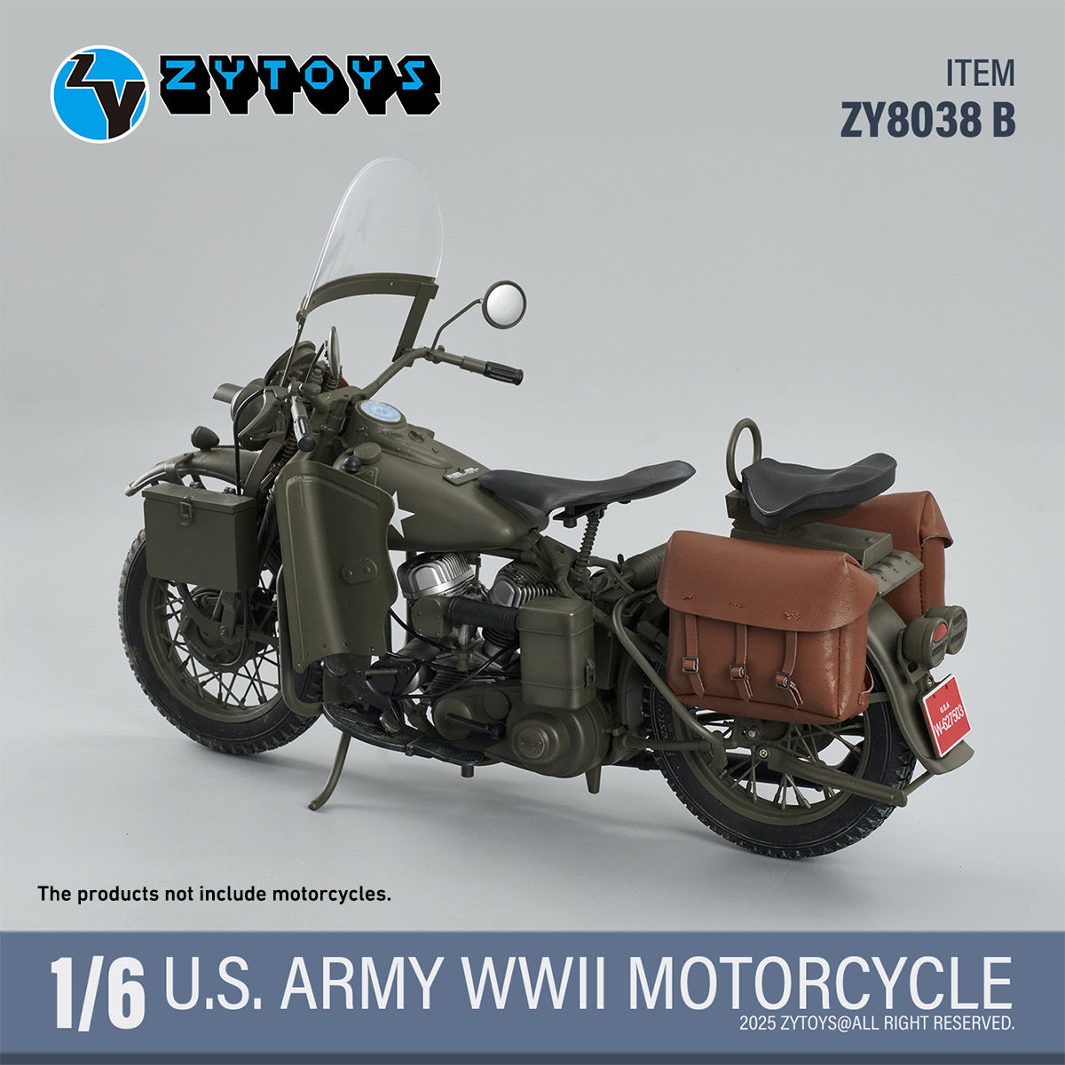 ZYTOYS 1/6 Scale ZY8038A WWII US Army Motorcycle Vehicle Model & Shoulder Bag Set ZY8038B