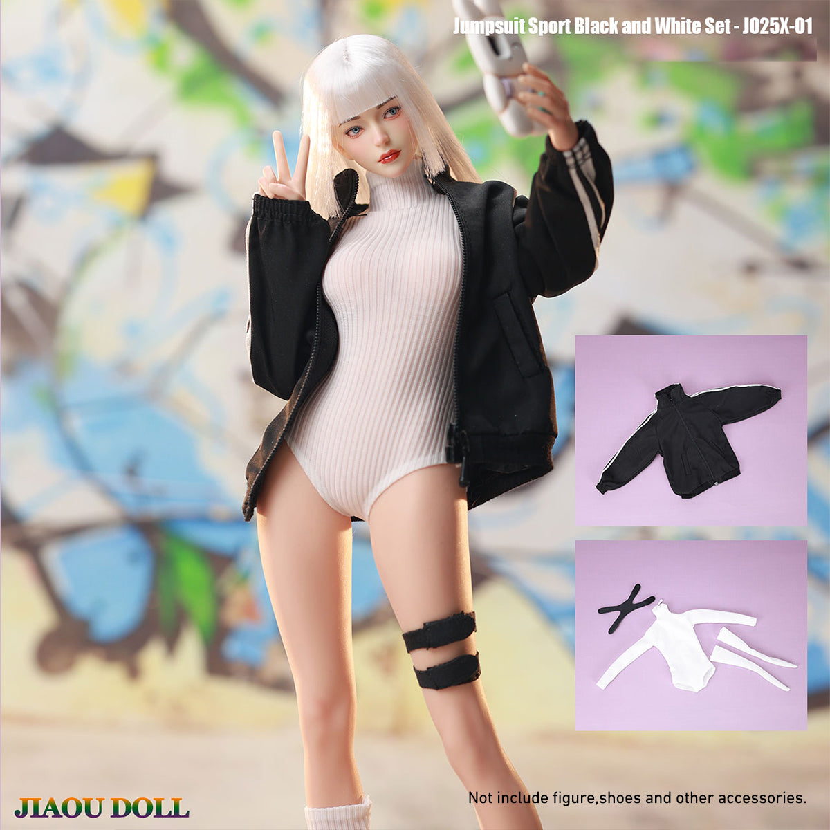 JIAOUDOLL, Female Knee Pads + Bodysuit + Mid-Calf Socks & Female Sportswear Single Jacket & Female Sports Jumpsuit Set Jacket with Jumpsuit, Doll Clothes Accessory for 12-inches Figure