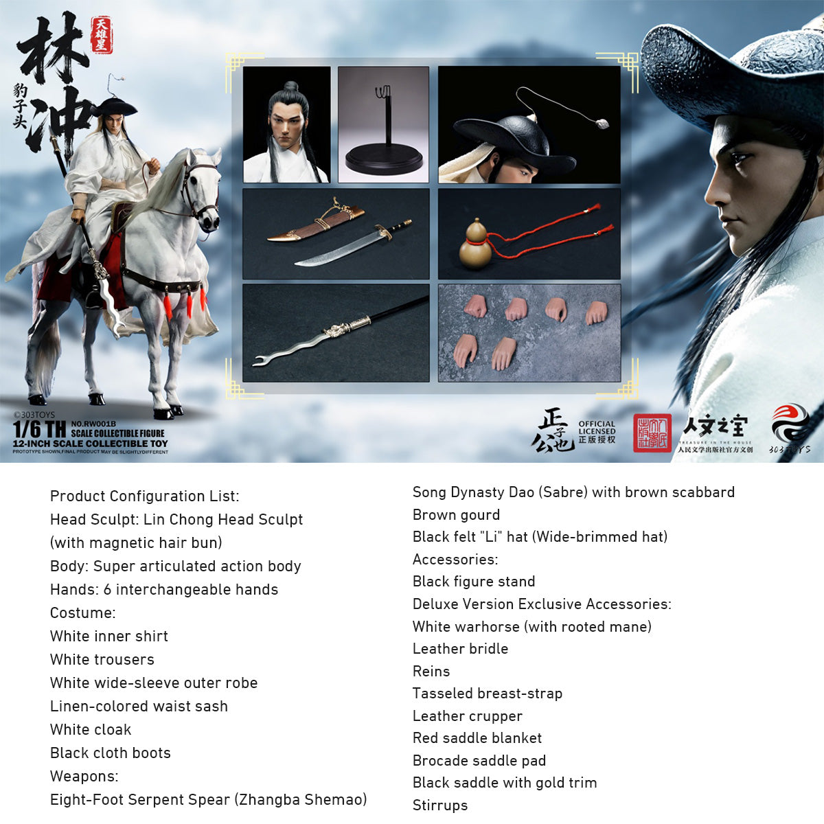 303TOYS RW001B Masako Koya Design: Heavenly Hero Star - Lin Chong 1/6 Scale Action Figure Set with White Warhorse