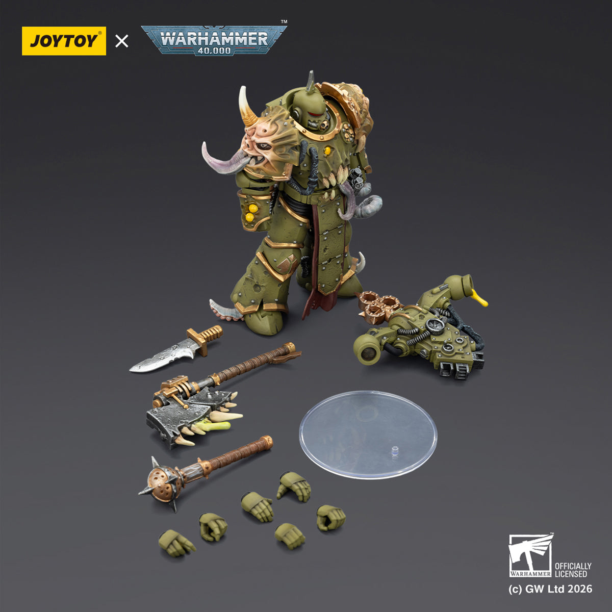 JOYTOY Warhammer 40,000 Death Guard Plague Marine with Bubotic axe and Plague Knife & Champion with Plasma Pistol and Power Fist 1/18 Scale Action Figure