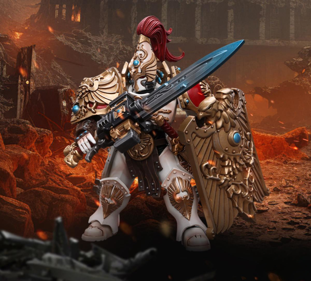 HiPlay JoyToy 40K Collectible Figure: Adeptus Custodes Solar Watch Custodian Guard with Sentinel Blade and Praesidium Shield 1:18 Scale Action Figures JT9343