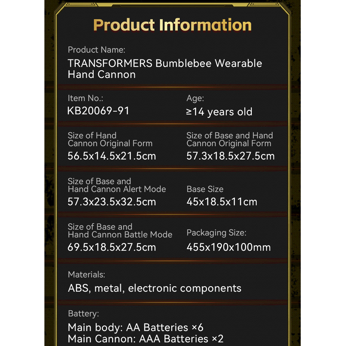 Killerbody Transformers Bumblebee Hand Cannon 1:1 Wearable KB20069-91 CosPlay
