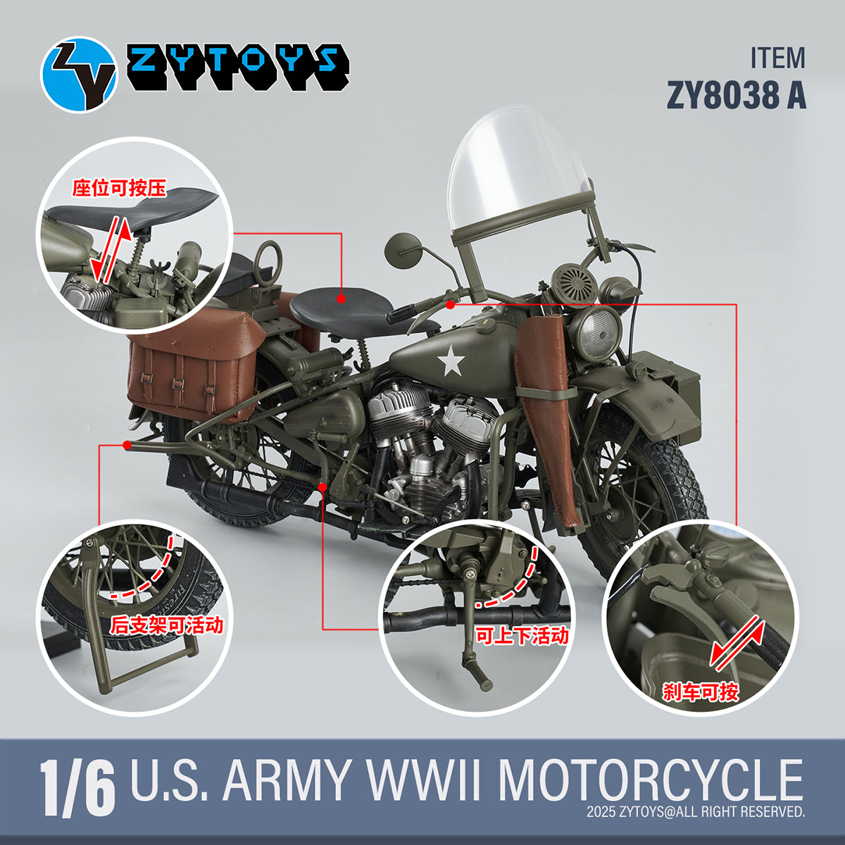 ZYTOYS 1/6 Scale ZY8038A WWII US Army Motorcycle Vehicle Model & Shoul