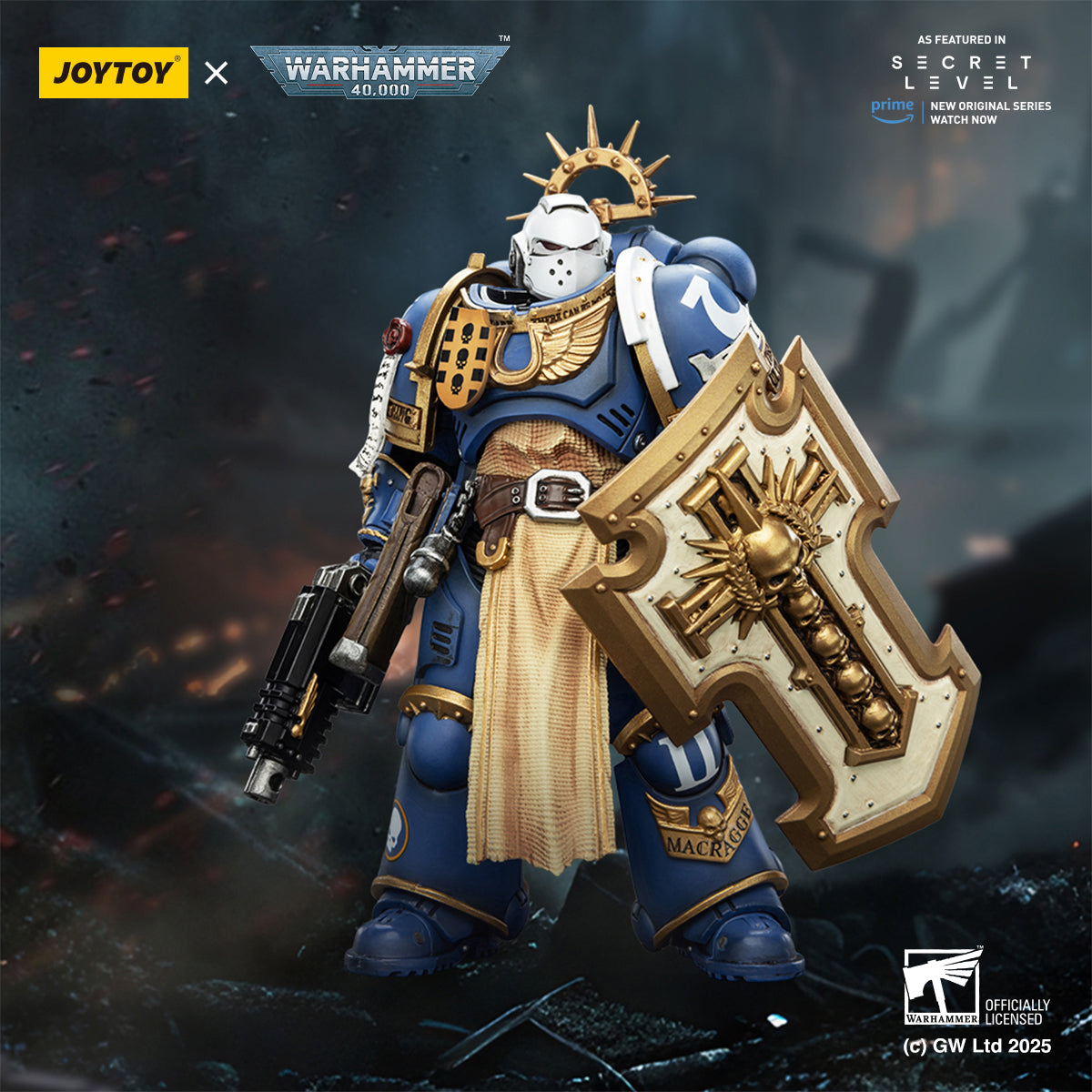 (Only Shipped to the US) JOYTOY Warhammer Ultramarines Levantus with Power Sword Stormshield and Bolt Pistol JT02793 1/18 Scale Action Figure