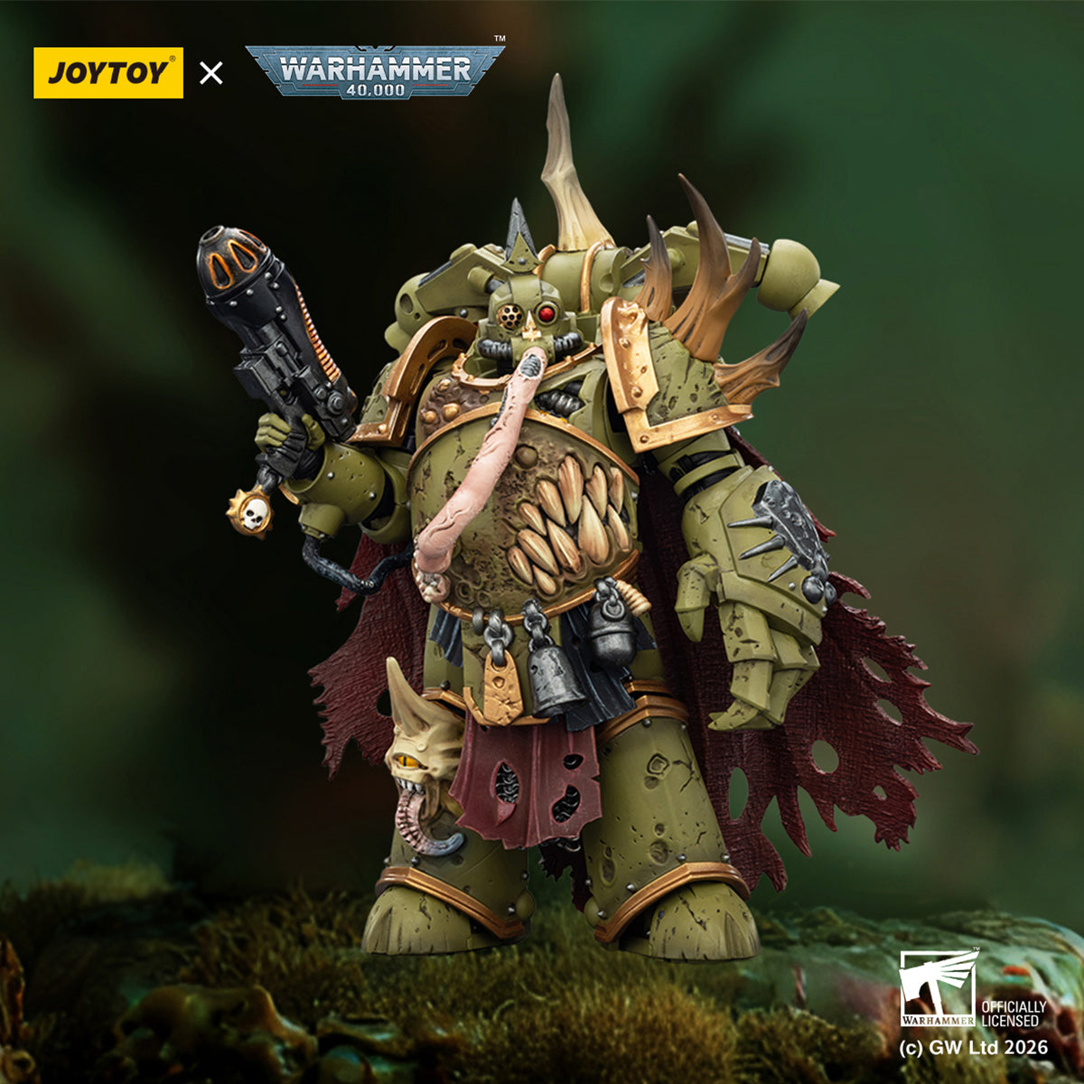 JOYTOY Warhammer 40,000 Death Guard Plague Marine with Bubotic axe and Plague Knife & Champion with Plasma Pistol and Power Fist 1/18 Scale Action Figure