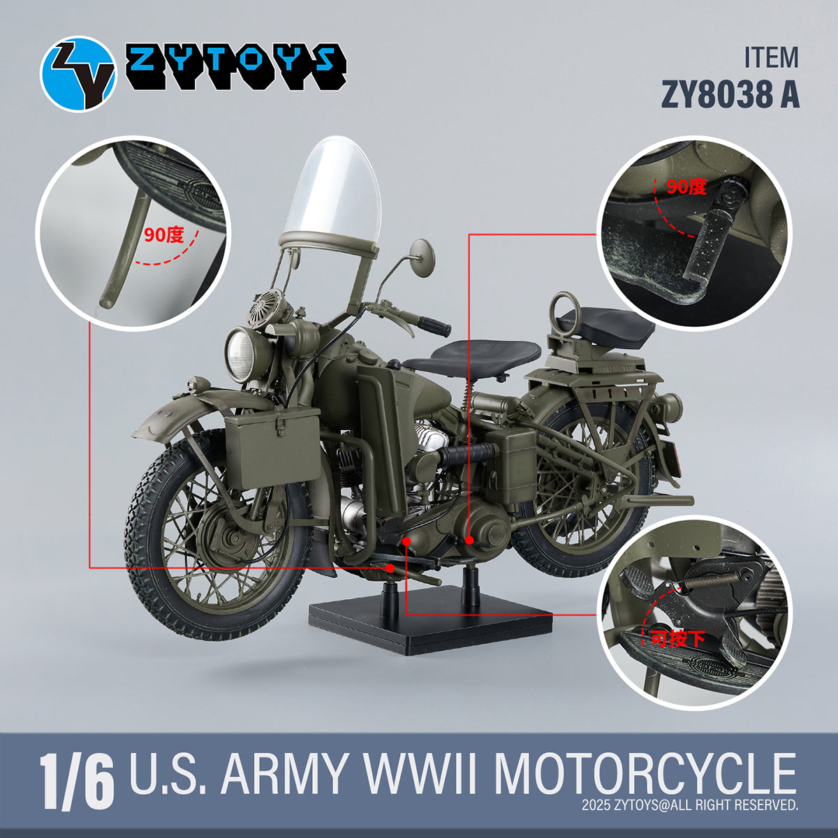 ZYTOYS 1/6 Scale ZY8038A WWII US Army Motorcycle Vehicle Model & Shoul
