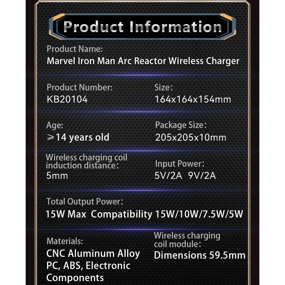 Killerbody KB20104 Iron Man Arc Reactor wireless charger — Product information and charging specifications panel