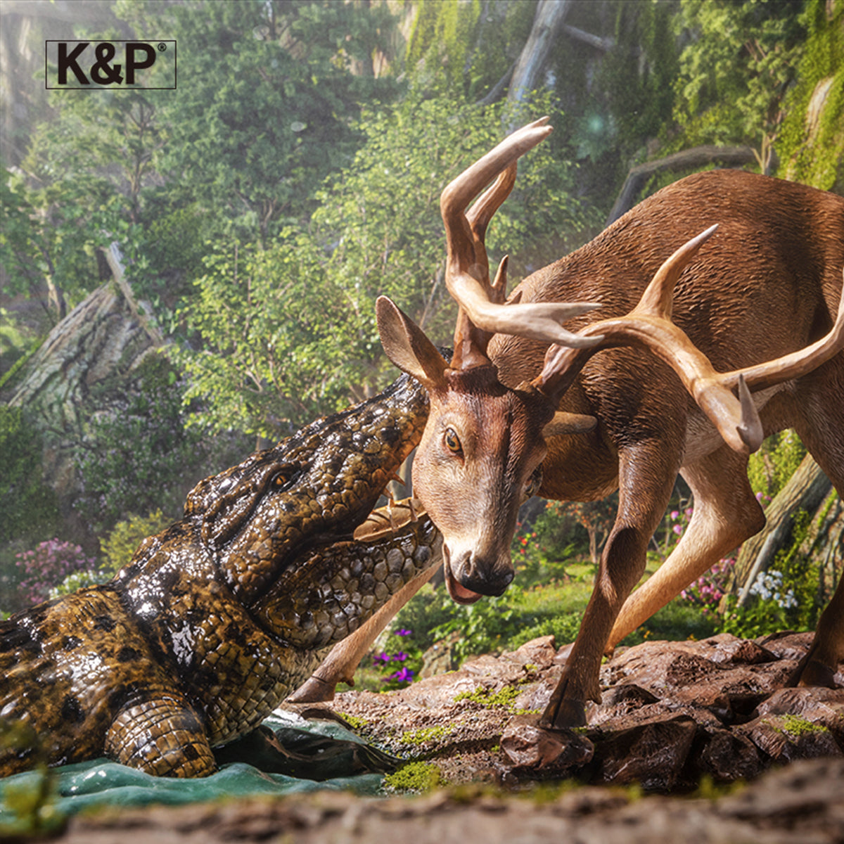 K&P The Line Between Life And Death Deer & Crocodile Animal Trendy Art Figurine