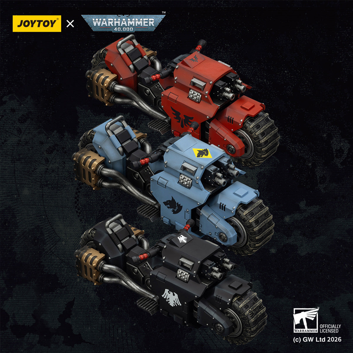 JOYTOY Warhammer 40K Raven Guard/Space Wolves/Blood Angels Raider-pattern Combat Bike with twin-linked bolt rifles (JT03776) 1/18 Scale Action Figure Vehicle Set
