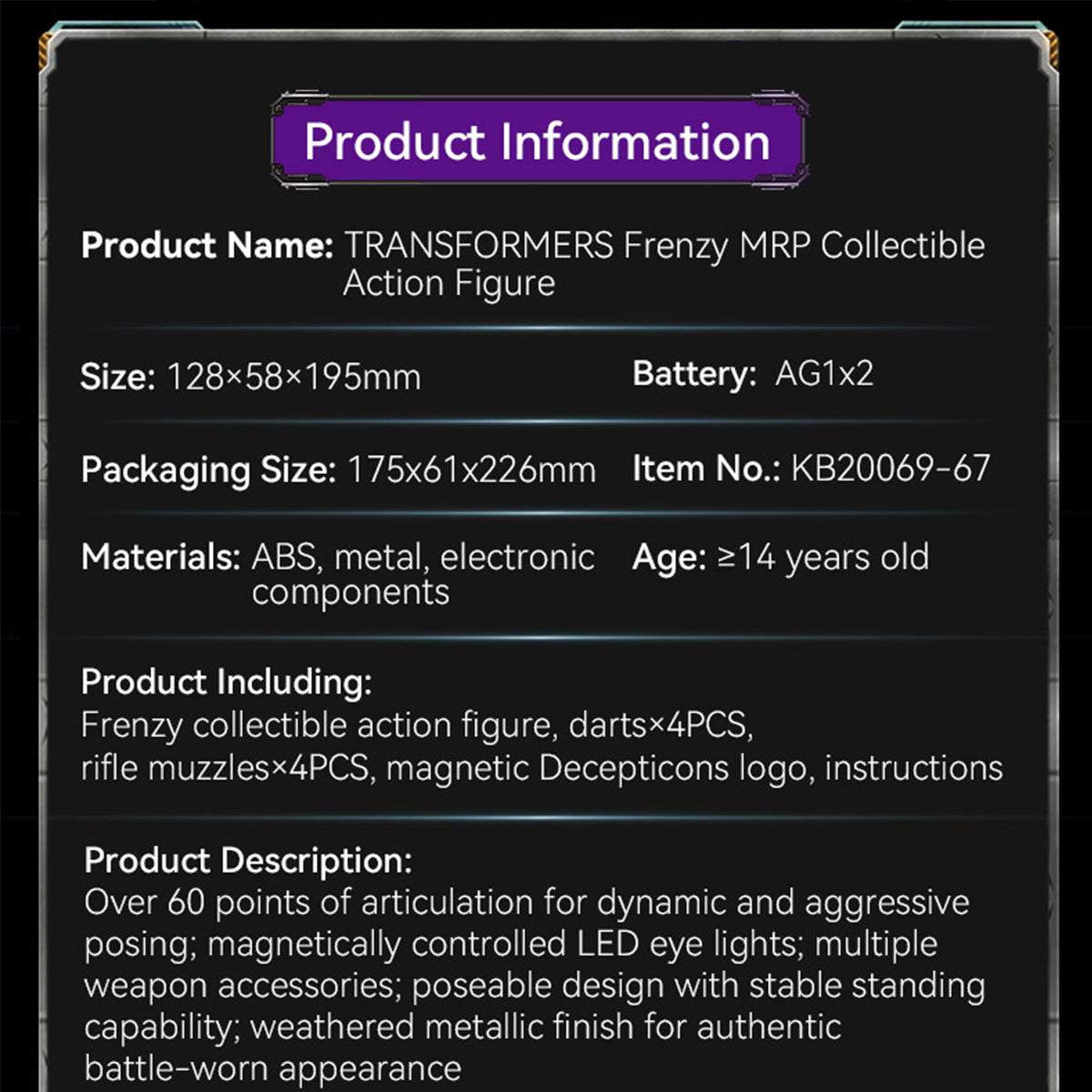 Killerbody Transformers Frenzy MRP02 Figure | LED Eyes & Four Darts