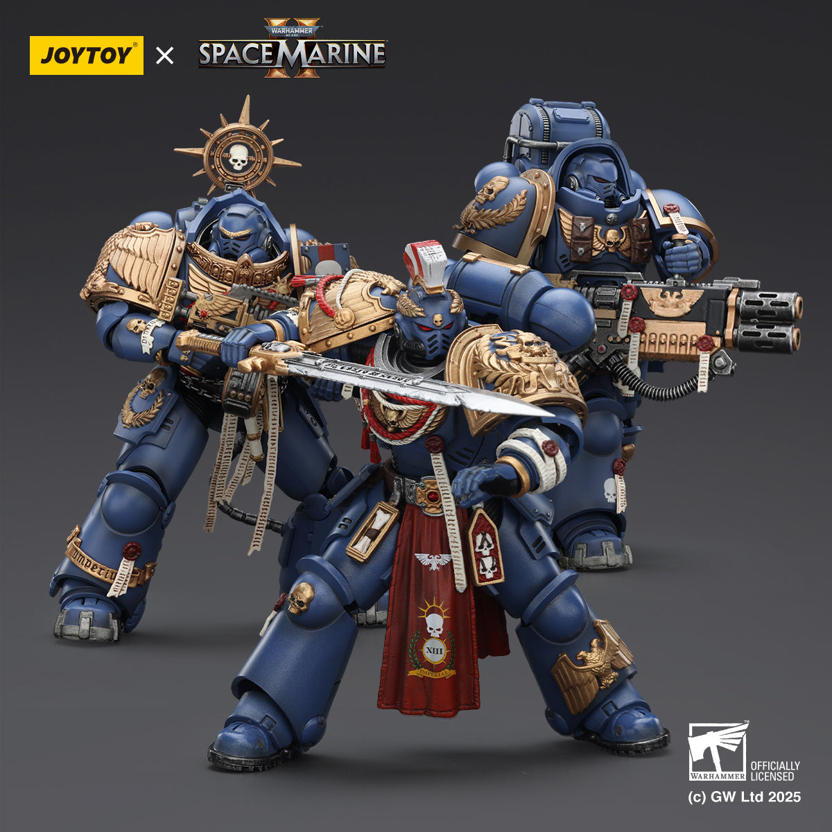 JOYTOY Ultramarines Relic Primus Armour with Plasma Pistol and Combat Blade & Ultramarines Heavy Artificer Armor with Relic Multi-Melta & Ultramarines Heavy Relic Primus Armor with Heavy Relic Bolt Rifle